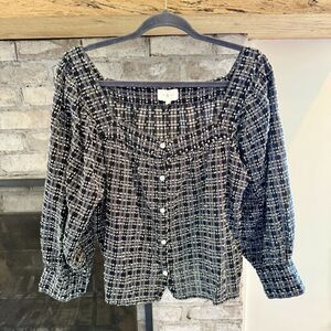 Lou & Grey Black and White Plaid Button-Front Blouse